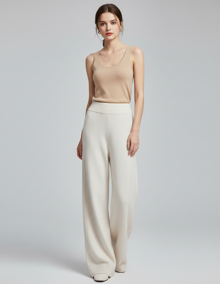 Pantalon Blanc Ample Tricoté Taille Haute - Laine