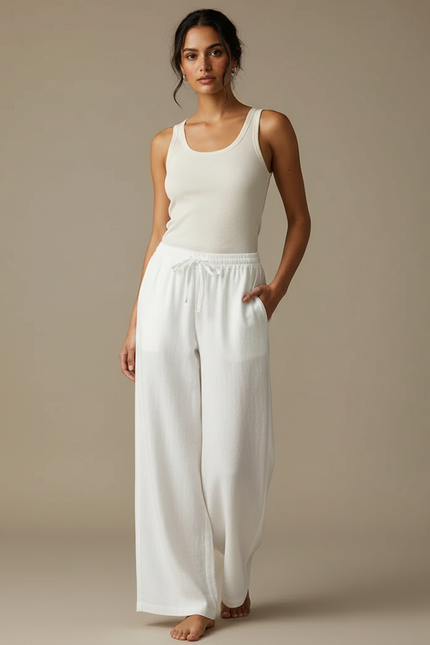 Pantalon Blanc Lin Fluide Ample Femme Décontracté