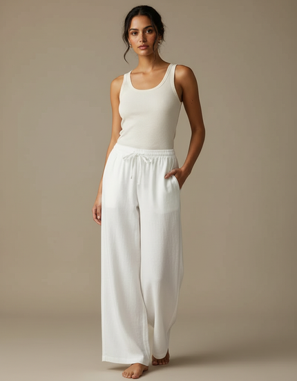 Pantalon Blanc Lin Fluide Ample Femme Décontracté