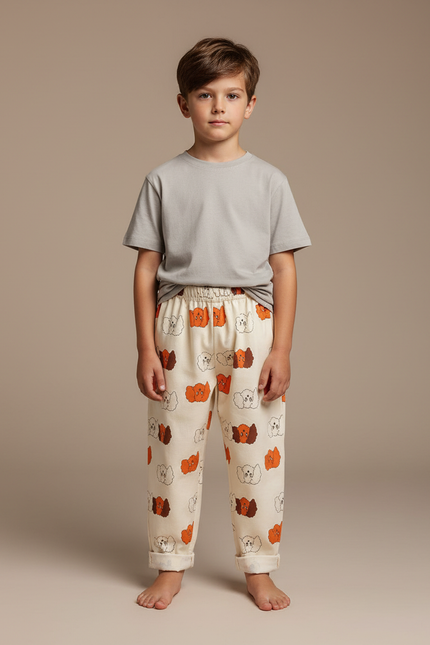Pantalon Blanc Coton Ample Imprimé Chiot Enfant - Molleton