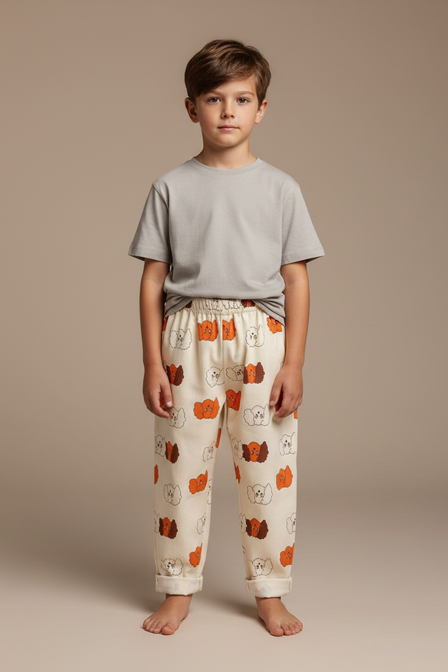 Pantalon Blanc Coton Ample Imprimé Chiot Enfant - Molleton