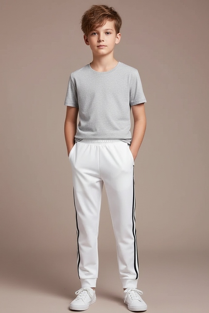 Pantalon Blanc Jogging Rayures Noires Confortable Enfant - Molleton