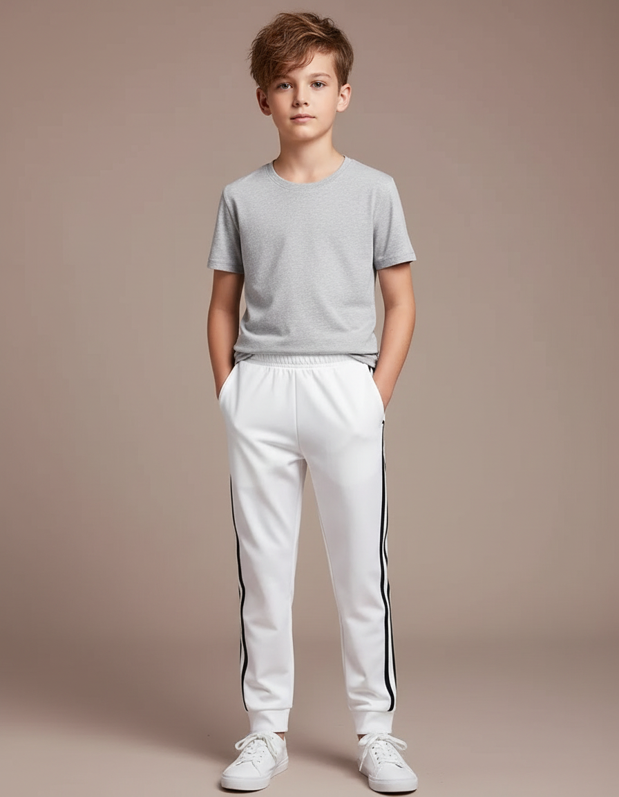 Pantalon Blanc Jogging Rayures Noires Confortable Enfant - Molleton