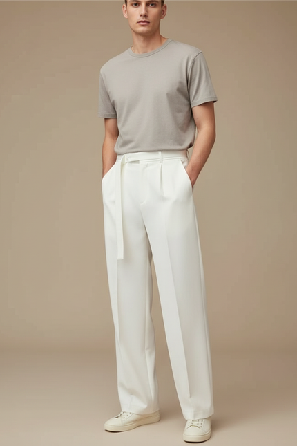Pantalon Blanc Homme Fluide Décontracté Élégant Ceinturé - Polyester