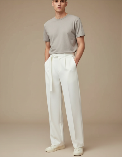 Pantalon Blanc Homme Fluide Décontracté Élégant Ceinturé - Polyester