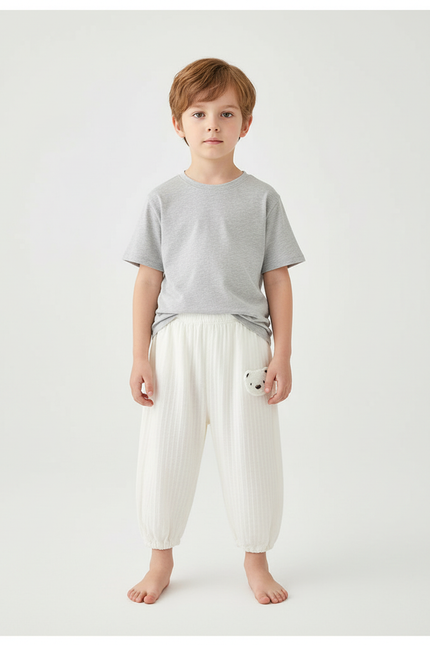 Pantalon Blanc Coton Ample Décontracté Ours Enfant