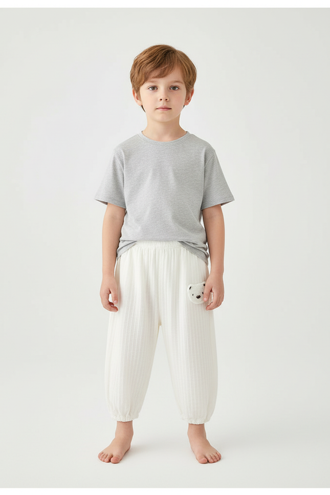 Pantalon Blanc Coton Ample Décontracté Ours Enfant