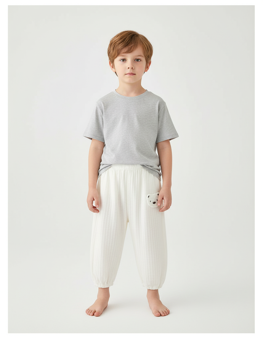 Pantalon Blanc Coton Ample Décontracté Ours Enfant
