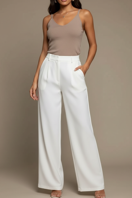 Pantalon Blanc Évasé Plissé Taille Haute Élégant - Polyester