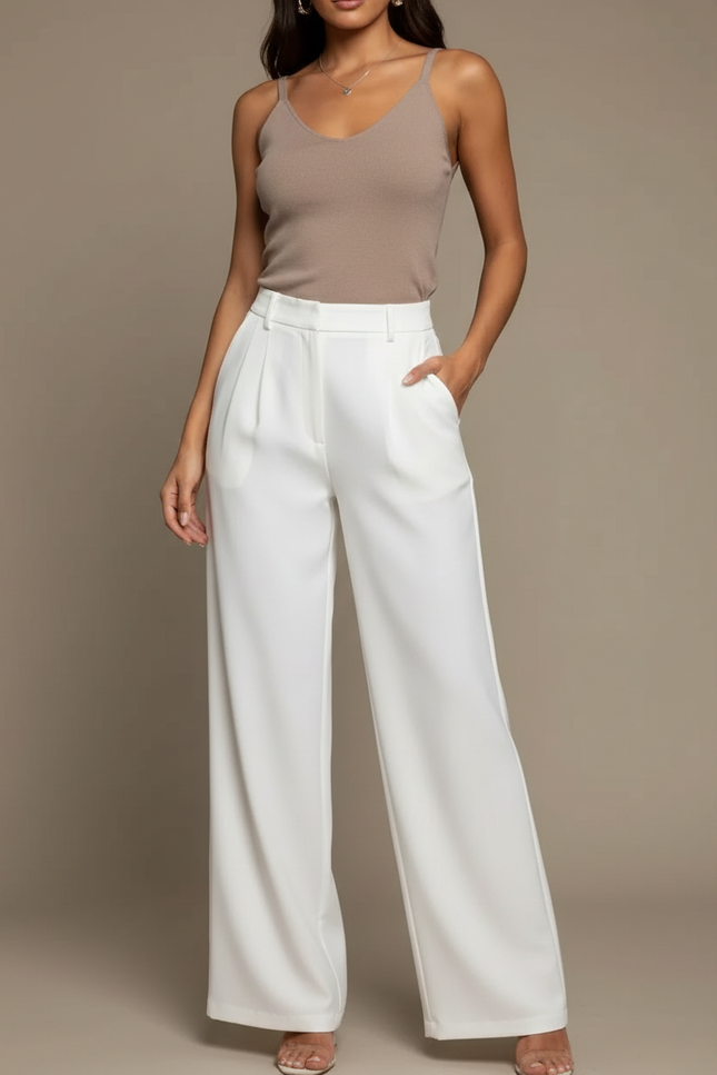 Pantalon Blanc Évasé Plissé Taille Haute Élégant - Polyester