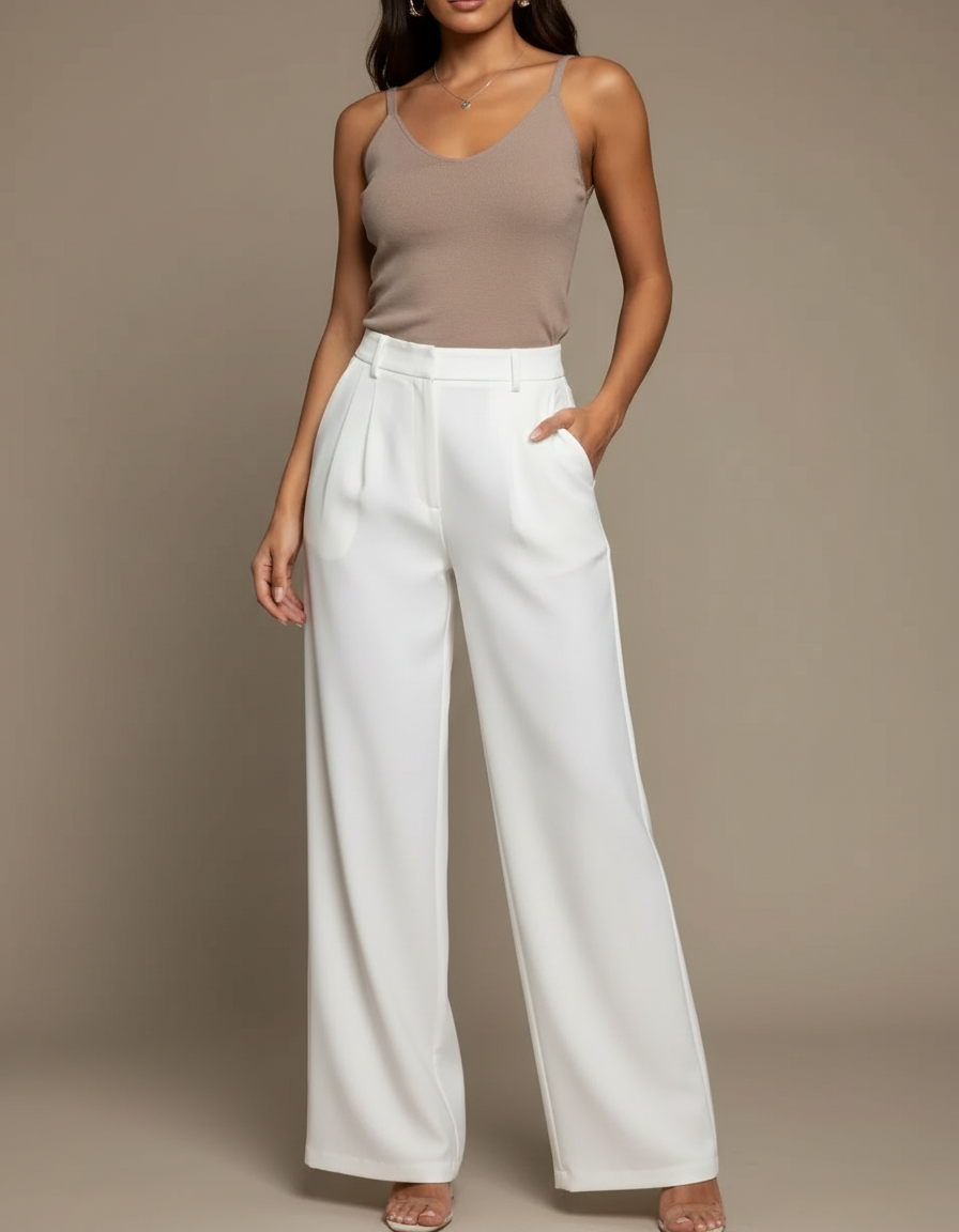 Pantalon Blanc Évasé Plissé Taille Haute Élégant - Polyester