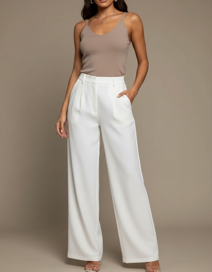 Pantalon Blanc Évasé Plissé Taille Haute Élégant - Polyester