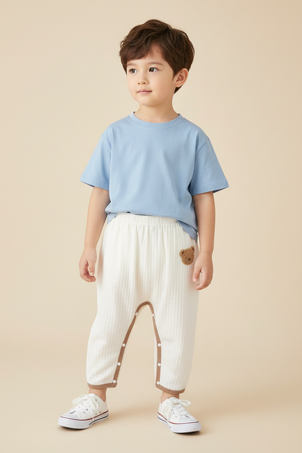Pantalon Blanc Côtelé Bébé Unisexe Décontracté Ours - Maille