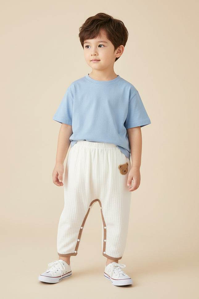 Pantalon Blanc Côtelé Bébé Unisexe Décontracté Ours - Maille