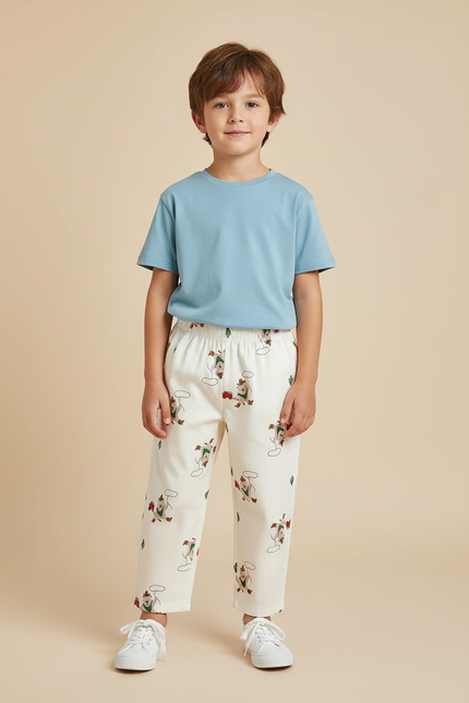 Pantalon Blanc Coton Imprimé Dessins Animaux Décontracté Enfant