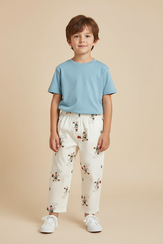 Pantalon Blanc Coton Imprimé Dessins Animaux Décontracté Enfant