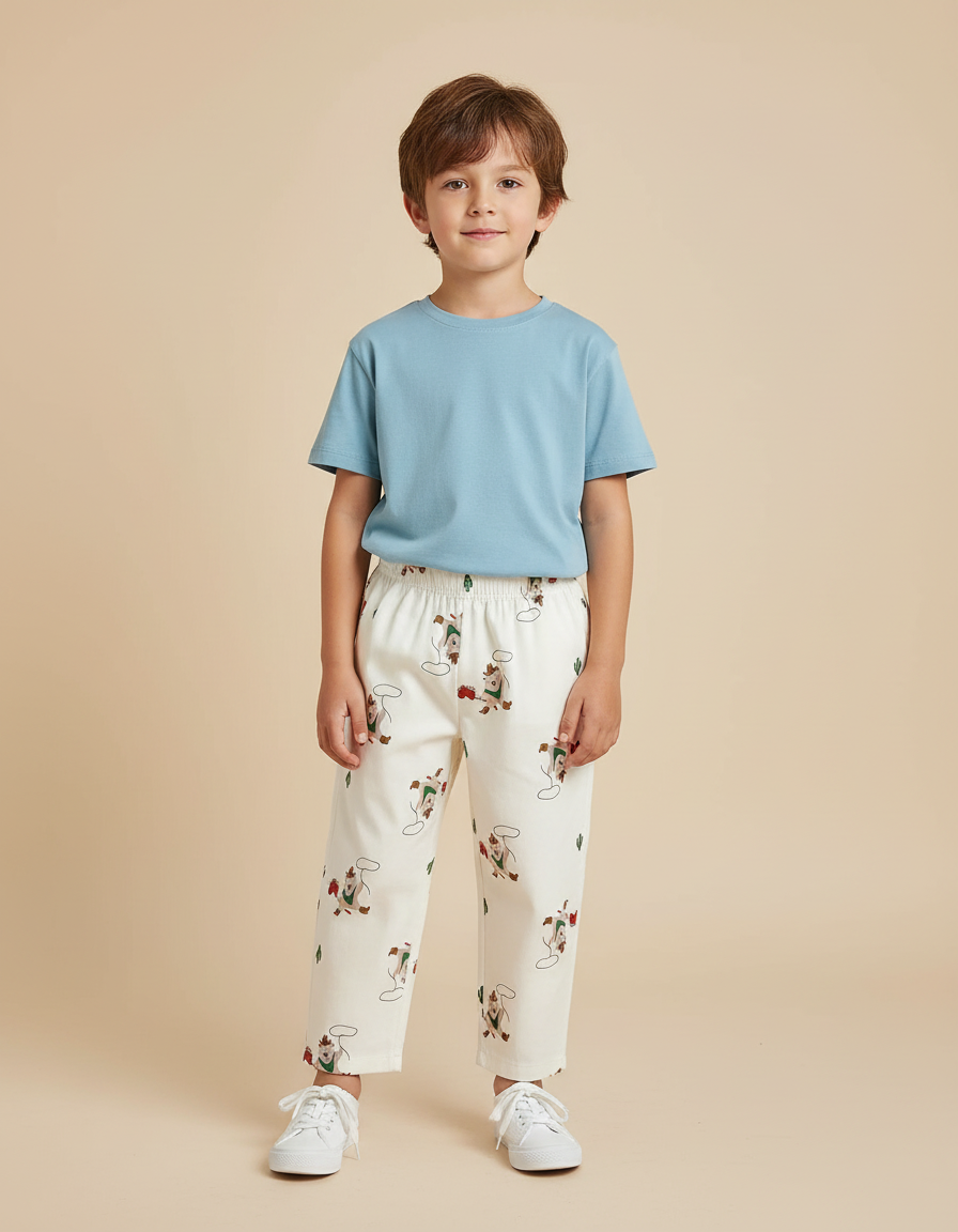 Pantalon Blanc Coton Imprimé Dessins Animaux Décontracté Enfant