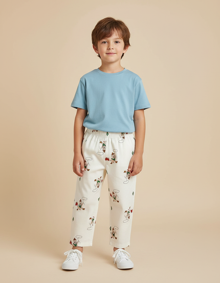 Pantalon Blanc Coton Imprimé Dessins Animaux Décontracté Enfant