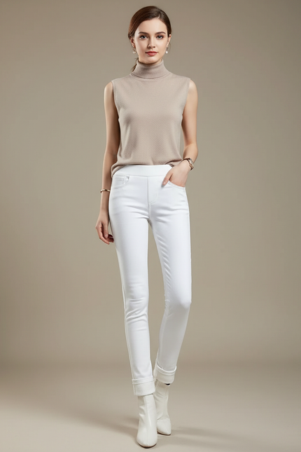 Pantalon Blanc Slim Taille Haute Hiver Chaud - Molleton