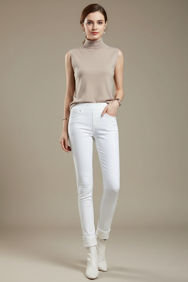 Pantalon Blanc Slim Taille Haute Hiver Chaud - Molleton