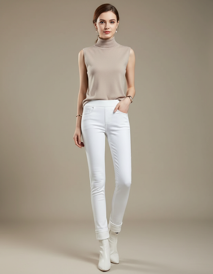 Pantalon Blanc Slim Taille Haute Hiver Chaud - Molleton