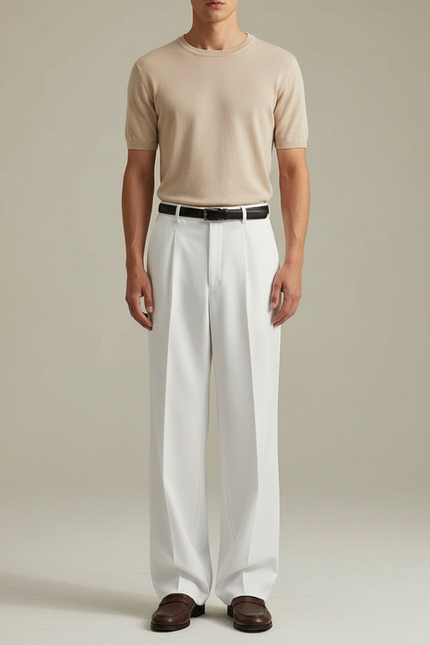 Pantalon Blanc Plissé Droit Ample Élégant Homme - Gabardine