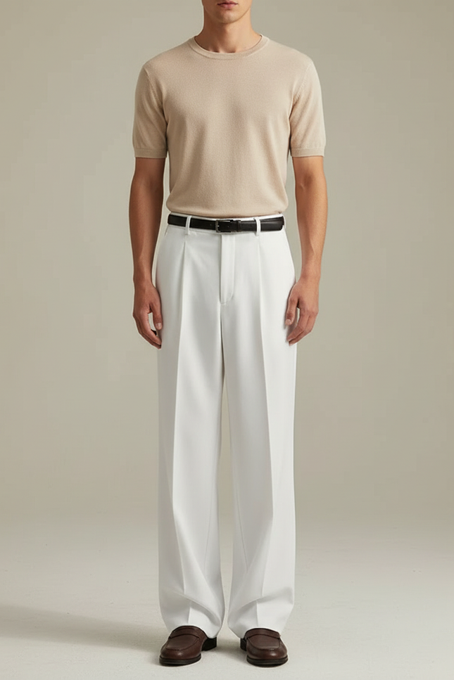 Pantalon Blanc Plissé Droit Ample Élégant Homme - Gabardine