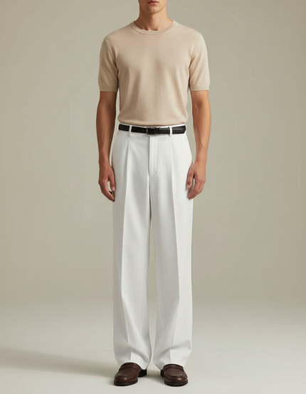 Pantalon Blanc Plissé Droit Ample Élégant Homme - Gabardine