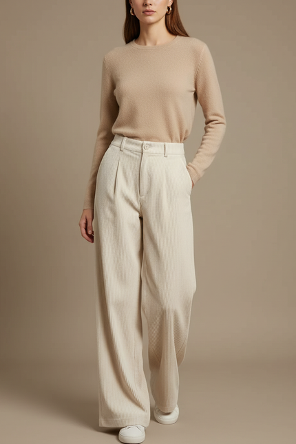 Pantalon Blanc Côtelé Ample Plissé Décontracté Femme - Cordé