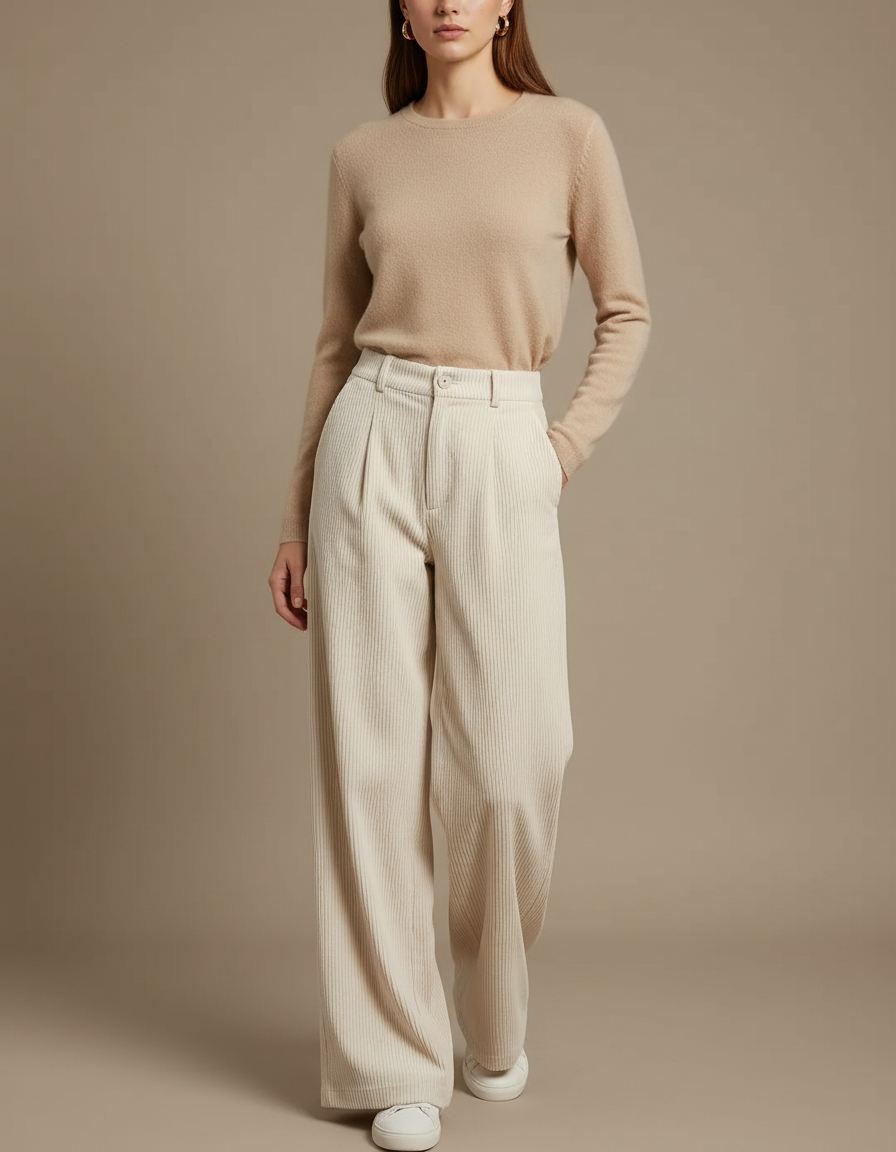 Pantalon Blanc Côtelé Ample Plissé Décontracté Femme - Cordé