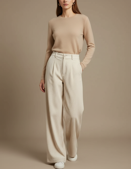 Pantalon Blanc Côtelé Ample Plissé Décontracté Femme - Cordé
