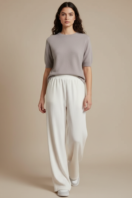 Pantalon Blanc Côtelé Ample Décontracté Femme - Maille