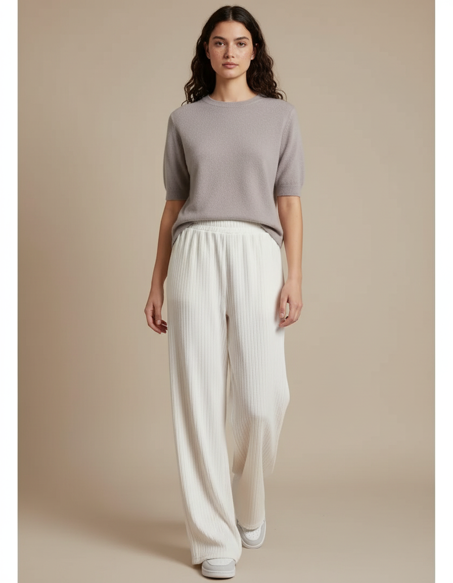 Pantalon Blanc Côtelé Ample Décontracté Femme - Maille
