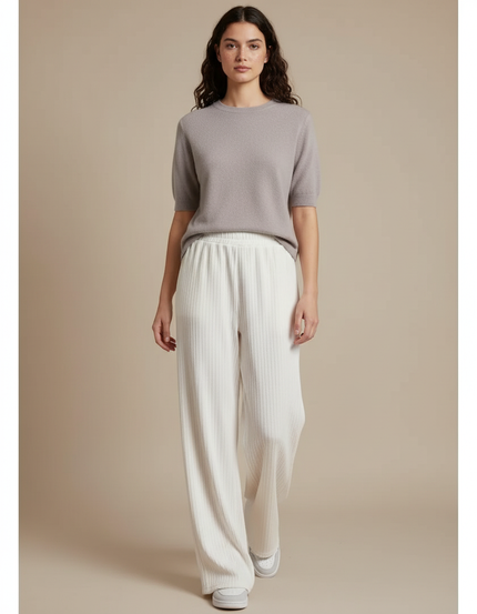 Pantalon Blanc Côtelé Ample Décontracté Femme - Maille