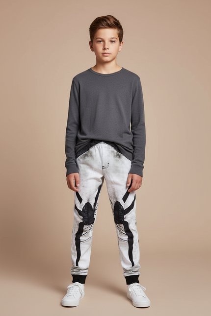 Pantalon Blanc Imprimé Araignée, Décontracté, Garçon - Molleton