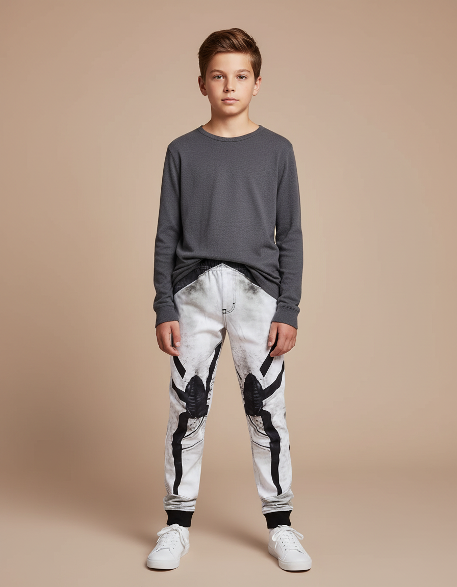 Pantalon Blanc Imprimé Araignée, Décontracté, Garçon - Molleton