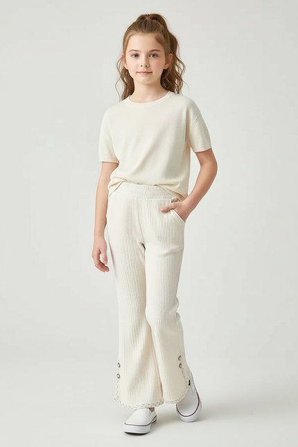 Pantalon Blanc Côtelé Ample Dentelle Boutons Fille - Beige Cordé