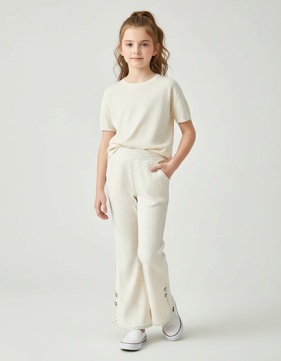 Pantalon Blanc Côtelé Ample Dentelle Boutons Fille - Beige Cordé