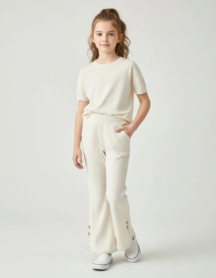 Pantalon Blanc Côtelé Ample Dentelle Boutons Fille - Beige Cordé