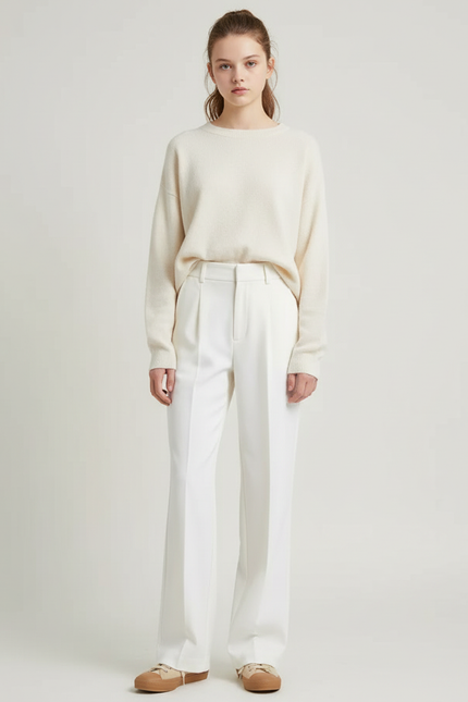 Pantalon Blanc Droit Élégant Taille Haute Femme - Polyester