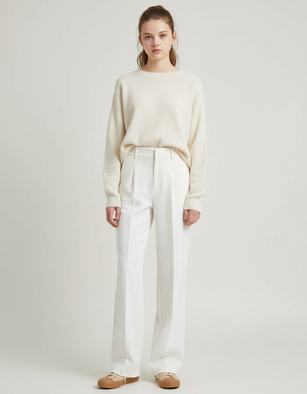 Pantalon Blanc Droit Élégant Taille Haute Femme - Polyester