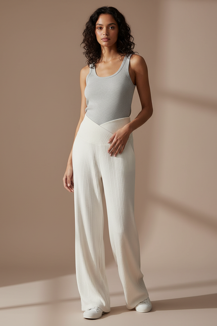 Pantalon Blanc Côtelé Ample Confortable Maternité - Beige Maille