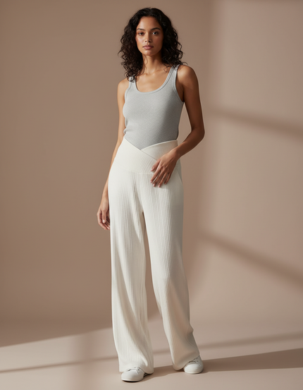 Pantalon Blanc Côtelé Ample Confortable Maternité - Beige Maille
