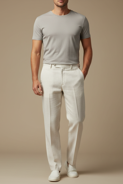 Pantalon Blanc Lin Droit Décontracté Élégant Homme