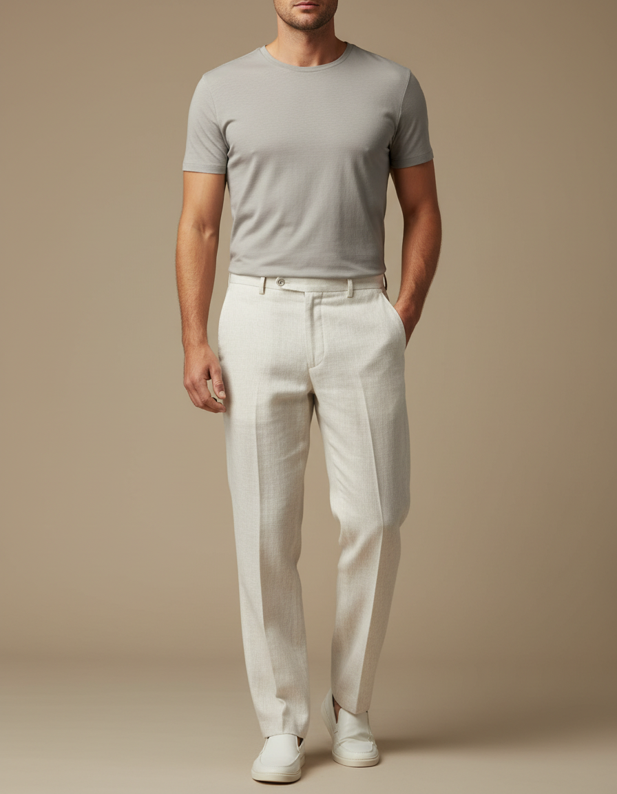 Pantalon Blanc Lin Droit Décontracté Élégant Homme