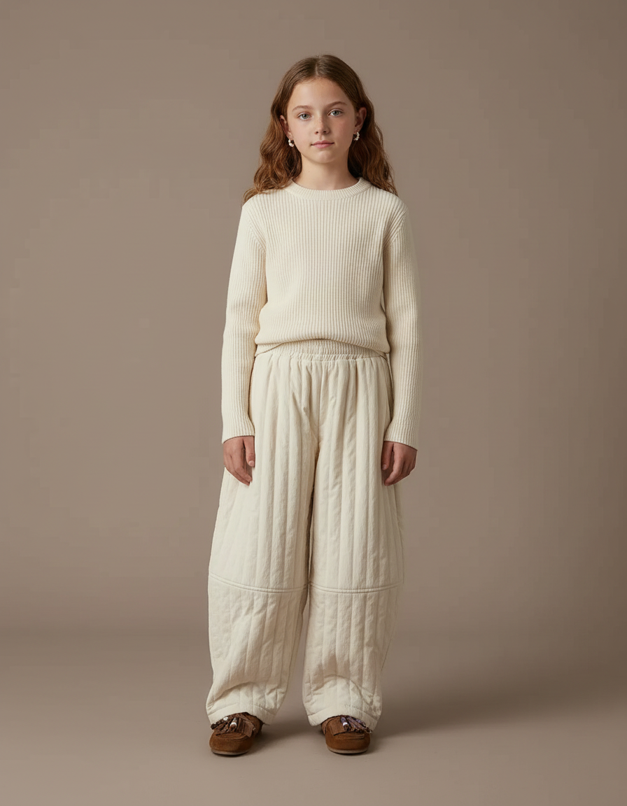 Pantalon Blanc Matelassé Ample Enfant Chaud Décontracté Côtelé - Molleton