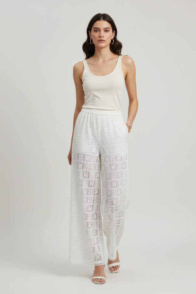 Pantalon Blanc Brodé Ample Translucide Fluide Élégant - Polyester