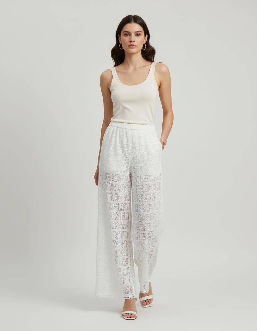 Pantalon Blanc Brodé Ample Translucide Fluide Élégant - Polyester