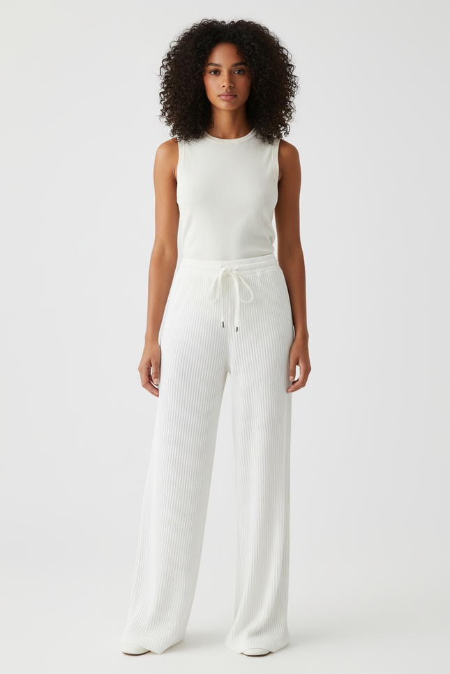 Pantalon Blanc Côtelé Fluide Décontracté Femme - Maille