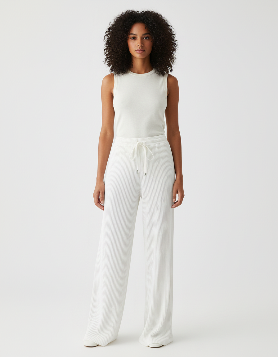 Pantalon Blanc Côtelé Fluide Décontracté Femme - Maille